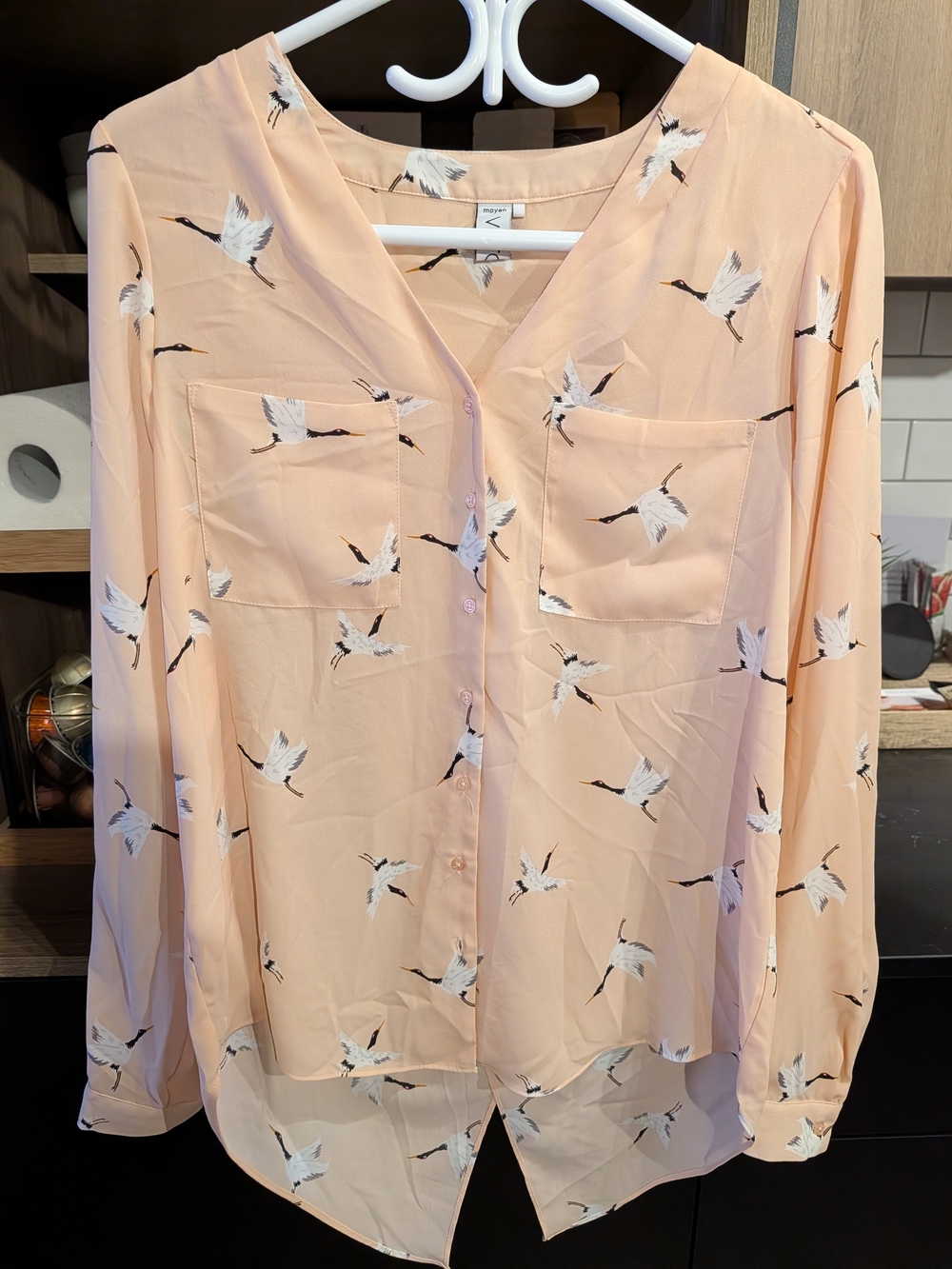 Women's Blush Crane-Print V-Neck Button Blouse